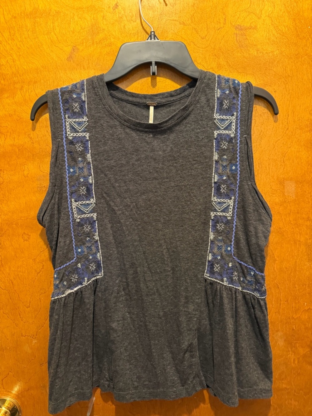 Free People "Marcy" embroidered peplum tank top grey/blue tank size medium